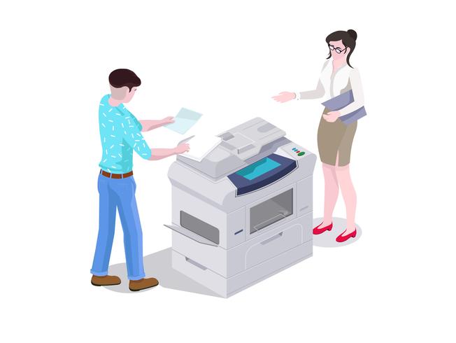 O homem da composição 3d isométrica e uma mulher no escritório imprimem e copiam os arquivos na impressora. vetor