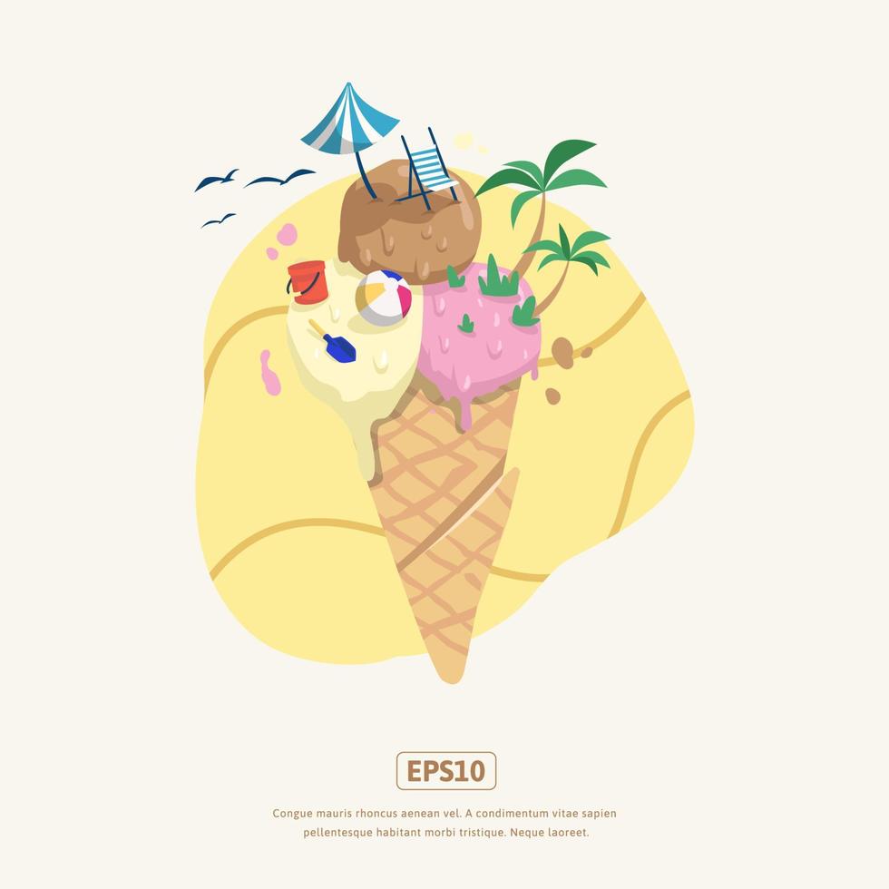 ilustração plana de verão, com ilha de sorvete vetor