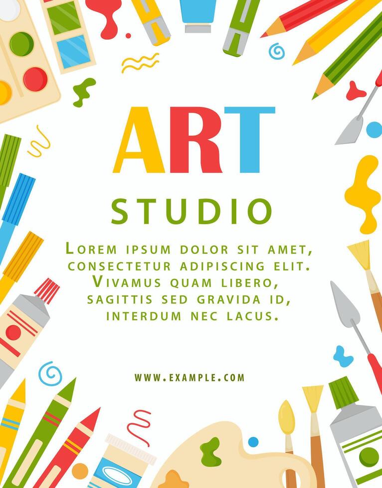 arte estúdio folheto modelo. vetor ilustração para poster, convite, folheto, bandeira, folheto, anúncio. promo poster para arte estúdio, escola, oficina. pintura estacionário fundo.