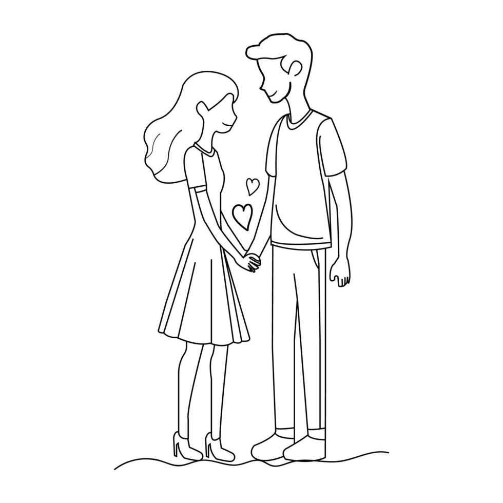 alta homem com curto menina simples linha arte. jovem casal dentro amor esboço vetor ilustração.