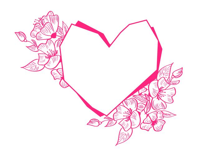 Quadro de geometria coração vermelho mão desenhada com flores e folhas vetor