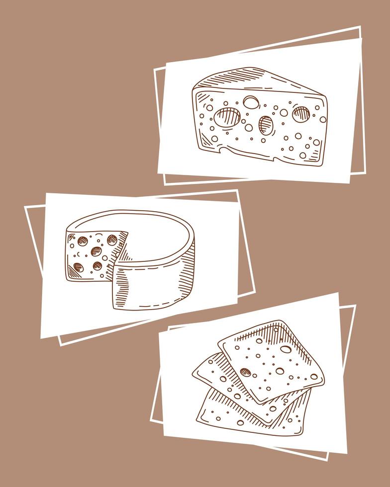 esboço de três queijos deliciosos vetor