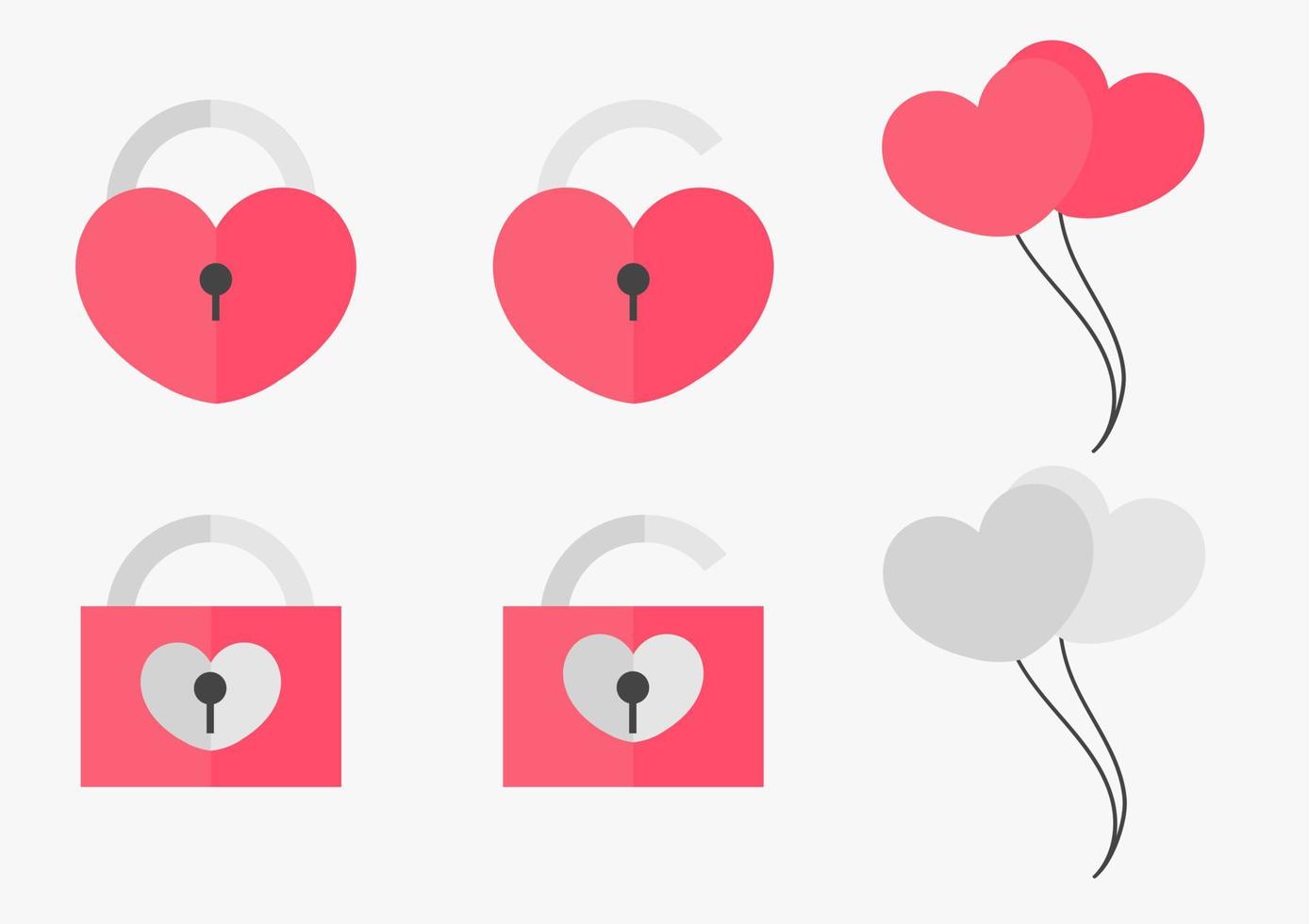coleção de designs de dia dos namorados com cadeados em forma de coração, fechaduras quadradas com designs de coração, balões em forma de coração vetor