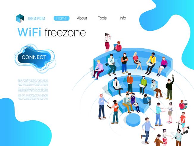 Pessoas na zona wi-fi. Tecnologia de conexão sem fio da zona Wi-Fi pública. Ilustrações vetoriais isométricas 3d, Web, empréstimos, banner. vetor