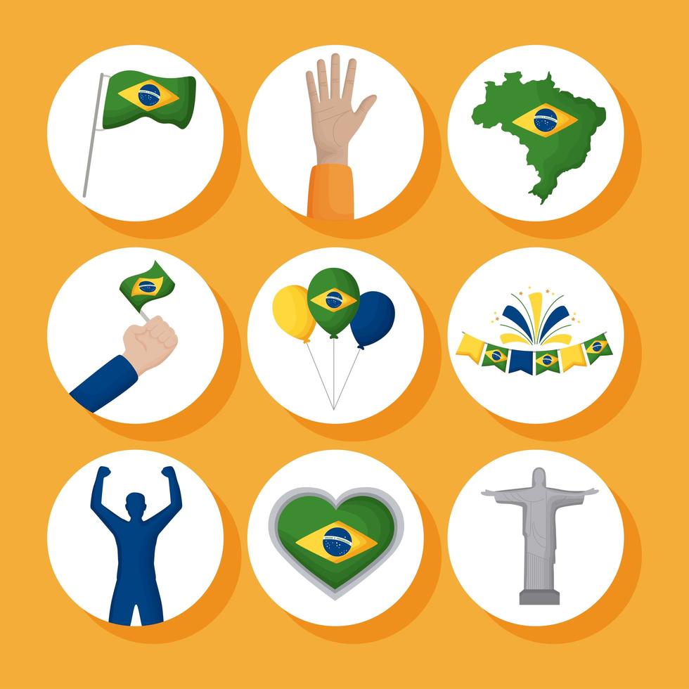 nove ícones do dia da independência do brasil vetor