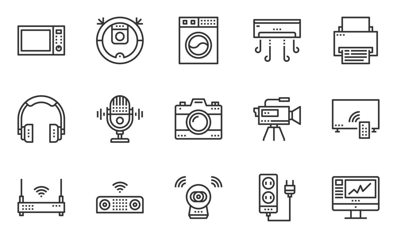 vetor de ícones de dispositivos eletrônicos domésticos, câmera, fone de ouvido, multimídia