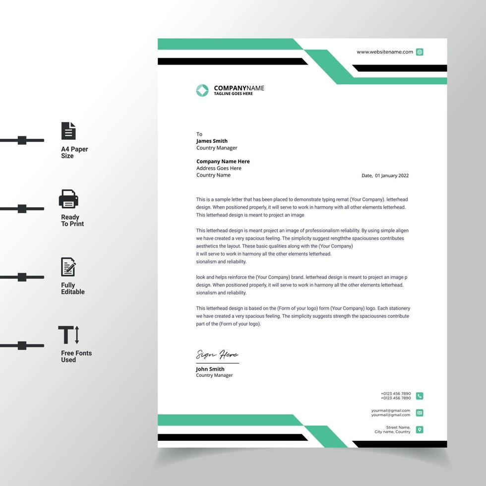 papel timbrado criativo design de modelo de papel timbrado verde moderno papel timbrado a4 totalmente para impressão pronto e personalizável vetor