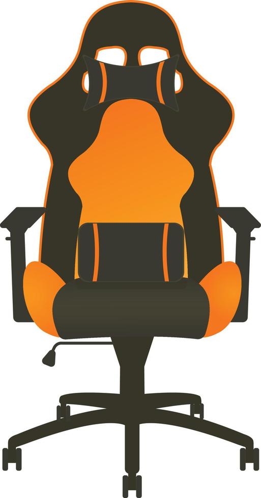 vetor de cadeira de jogo, em tema escuro com elementos laranja. travesseiros com listras laranja.