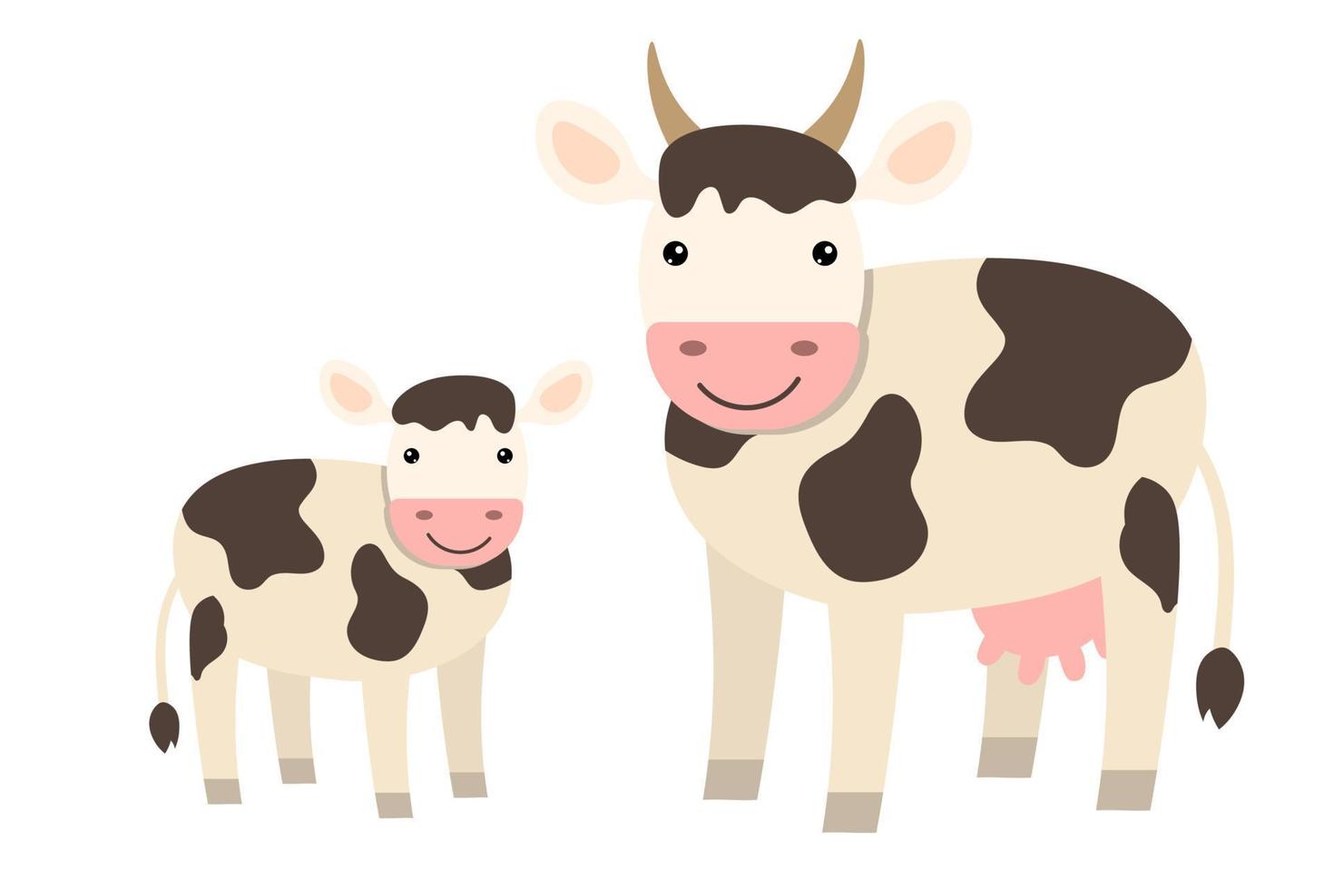 família de vaca bonito dos desenhos animados em estilo simples, isolado no fundo branco. animais de fazenda vetor