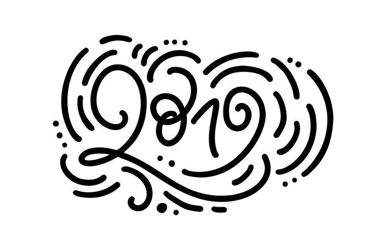 Handwritting motoline vector caligrafia texto 2019. mão desenhada ano novo e Natal lettering número 2019. Ilustração para cartão de felicitações, convite, férias tag