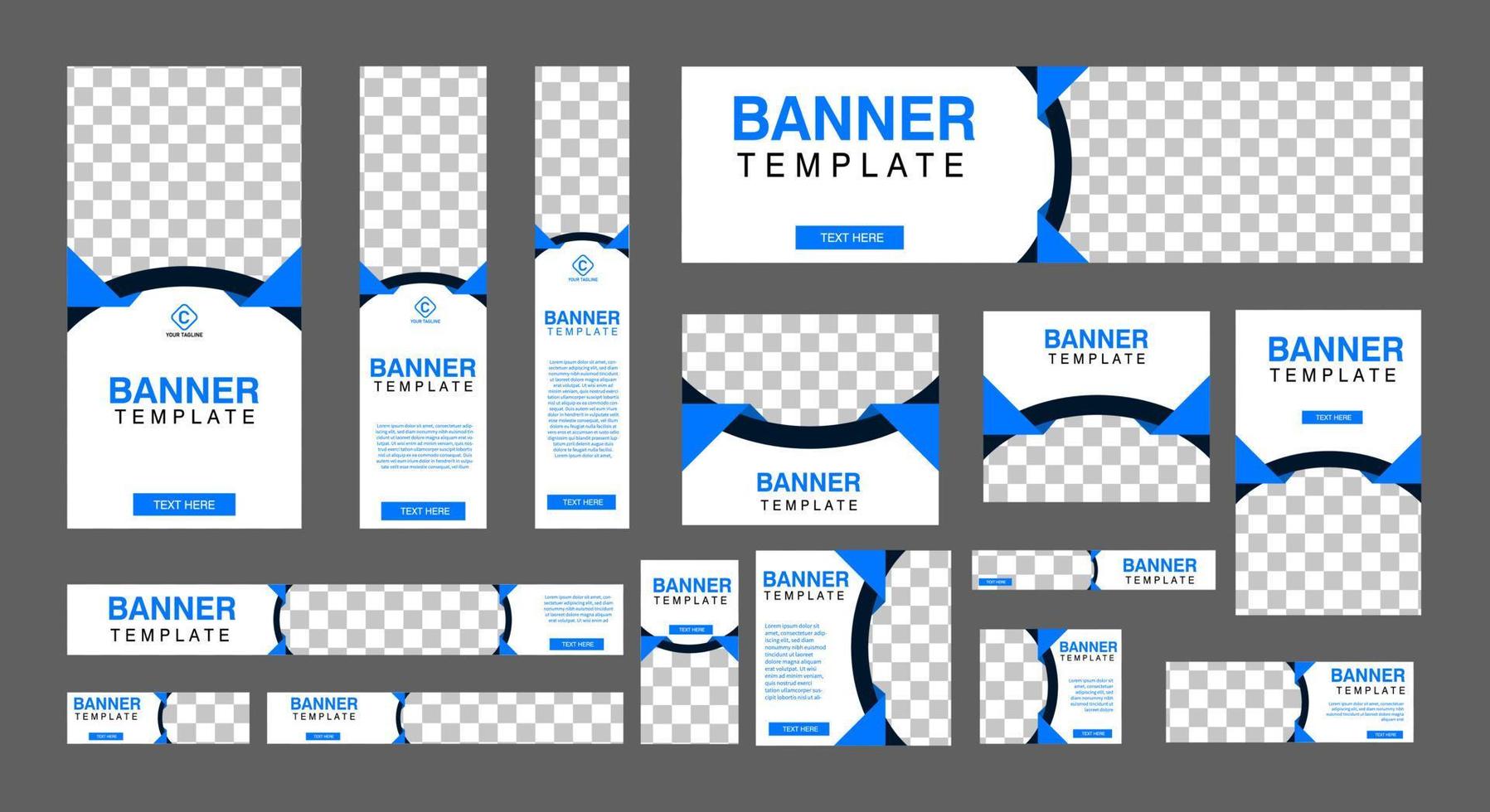 conjunto de banners criativos da web de tamanho padrão com um local para fotos. banner de anúncio de negócios. modelo vertical, horizontal e quadrado. ilustração vetorial eps 10 vetor