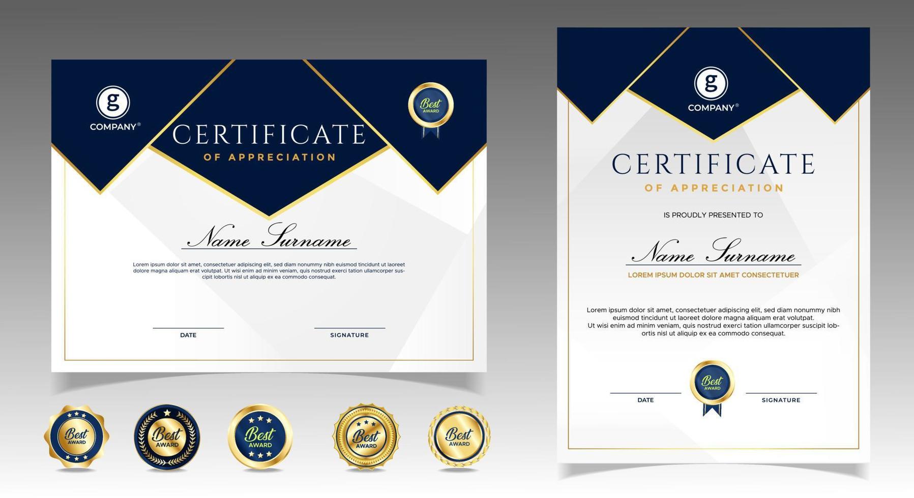 certificado de modelo de agradecimento, cor ouro e azul. certificado limpo moderno com emblema de ouro. modelo de borda de certificado com padrão de linha de luxo e moderno. modelo de vetor de diploma