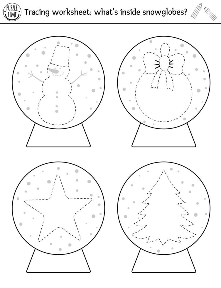 planilha de prática de desenho de Natal do vetor. atividade de inverno para impressão em preto e branco para crianças em idade pré-escolar. jogo de rastreamento educacional para habilidades de escrita. o que está dentro dos globos de neve vetor