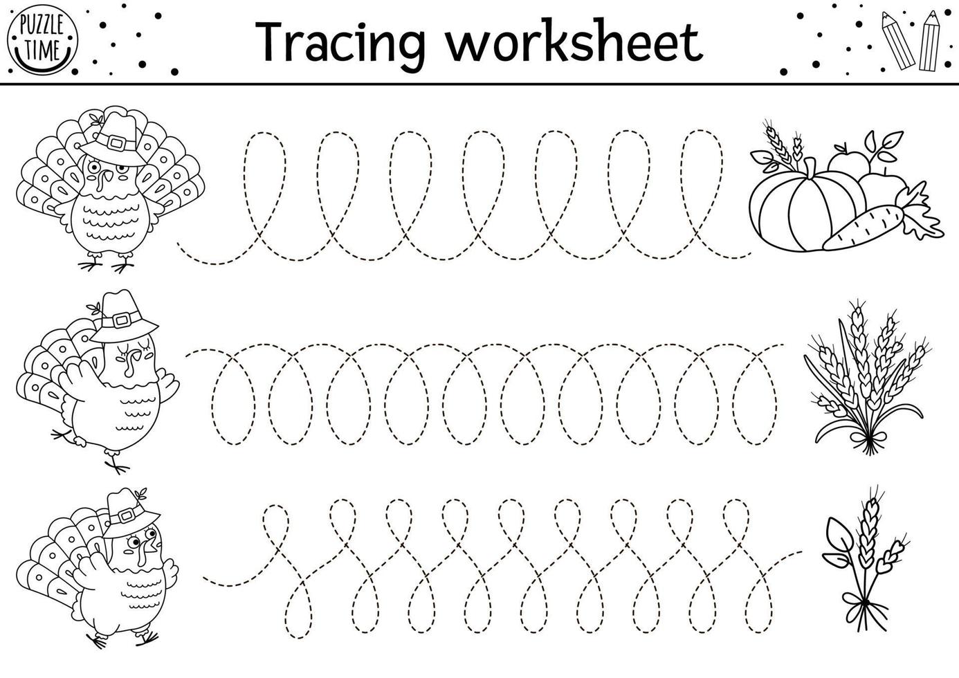 planilha de prática de caligrafia de ação de Graças de vetor. atividade para impressão em preto e branco de outono para crianças em idade pré-escolar. Jogo de rastreamento de queda para habilidades de escrita com perus fofos e colheita vetor
