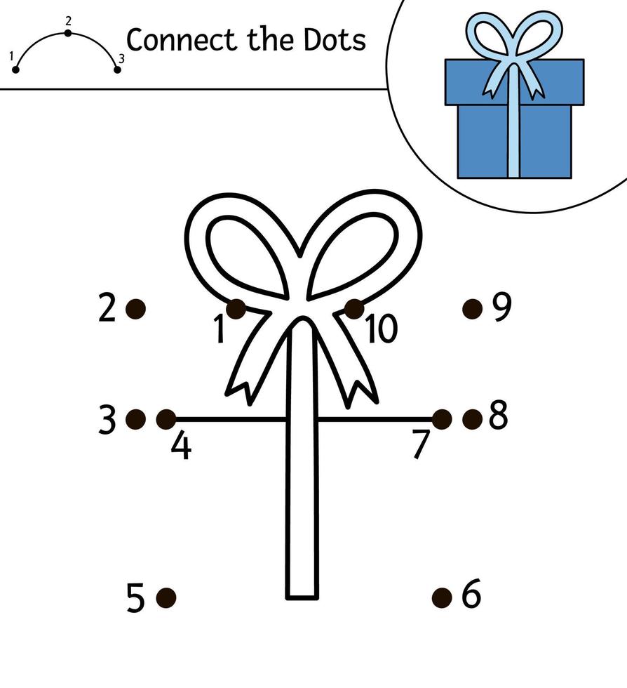 Natal ponto a ponto e atividade colorida com um lindo presente. férias de inverno conectar o jogo de pontos para crianças com caixa de presente e fita. página para colorir engraçada para crianças com o símbolo tradicional do ano novo. vetor