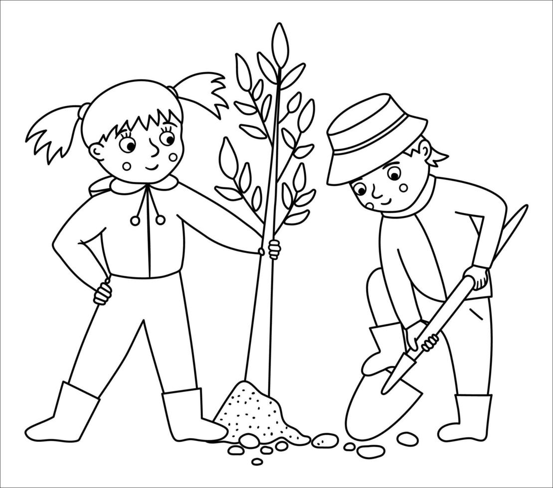 crianças em preto e branco do vetor plantando ilustração de árvores. esboço bonito crianças fazendo trabalho de jardim. menino cavando o chão com pá. foto de linha de atividade de jardinagem da primavera ou página para colorir