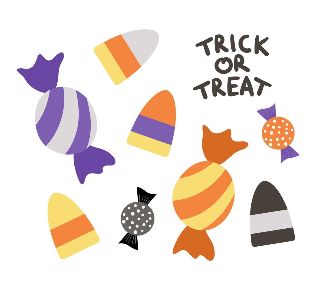 conjunto de doces de vetor para jogo de travessura ou travessura. comida tradicional de festa de halloween. coleção de doces de caramelo assustador. pacote de sobremesas com listras roxas e laranja. design de férias de outono