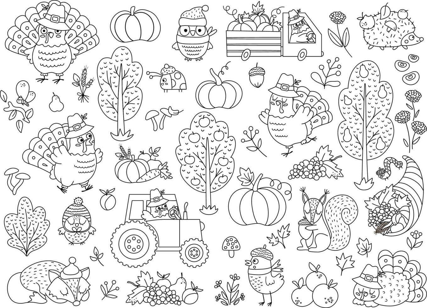 conjunto de elementos do vetor preto e branco de ação de Graças. coleção de ícones de linha outono com Turquia, animais, colheita, cornucópia, abóboras, árvores. pacote de esboço do feriado de outono com carro, trator, frutas