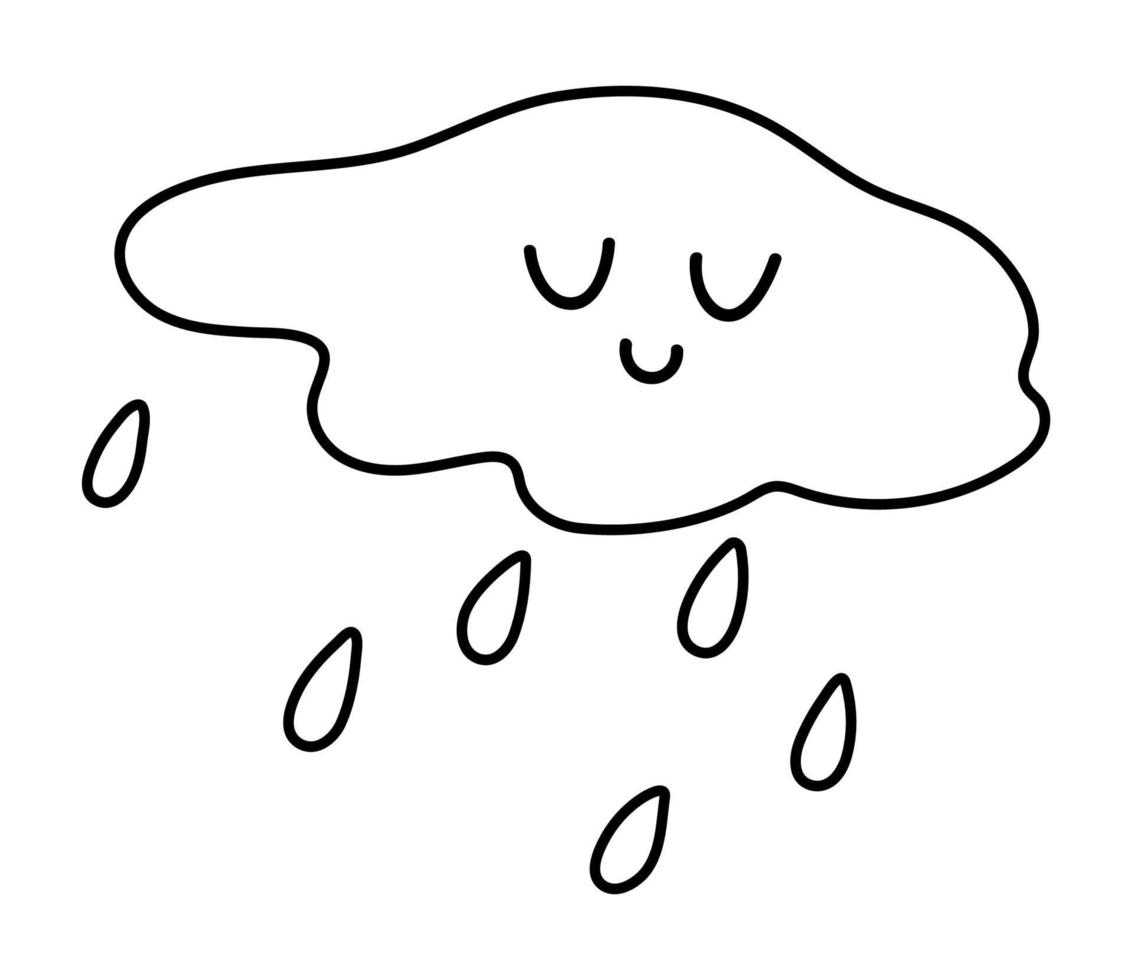 nuvem sorridente preto e branca bonita com gotas de chuva. vetor contorno outono clima caractere isolado no fundo branco. ícone de linha kawaii outono temporada para impressão, adesivo, cartão postal.