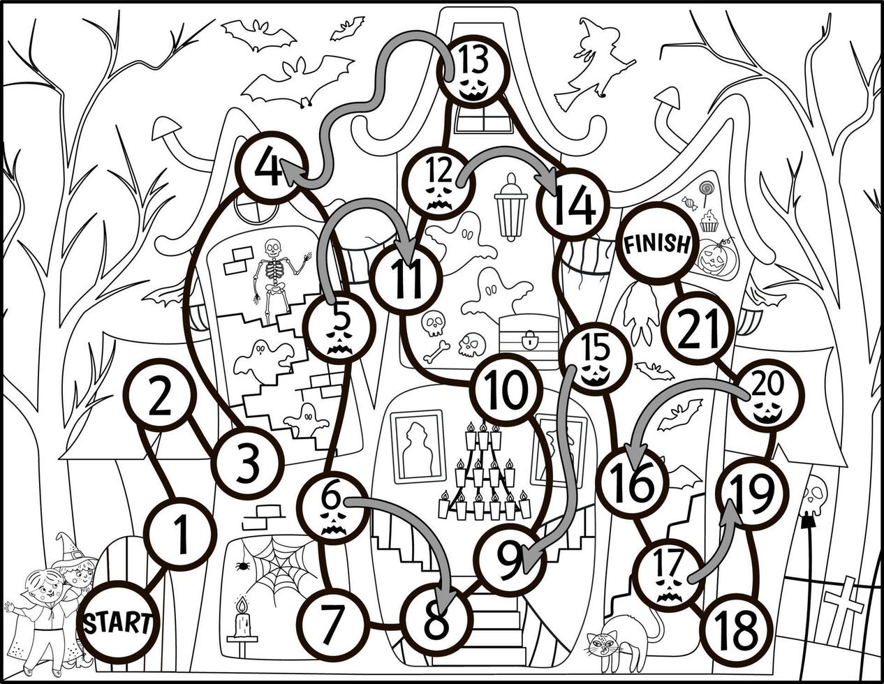 Halloween jogo de tabuleiro preto e branco para crianças com casa mal-assombrada e crianças fofas. jogo de tabuleiro de linha educacional com morcego, esqueleto, fantasma. ajude as crianças a atravessarem a cabana assustadora. vetor