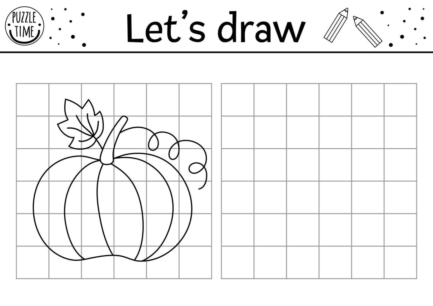 complete a imagem da abóbora. planilha de prática de desenho de jardim vetorial. atividade em preto e branco para impressão de ação de graças de outono para crianças em idade pré-escolar. copie a imagem jogo temático de inseto vetor