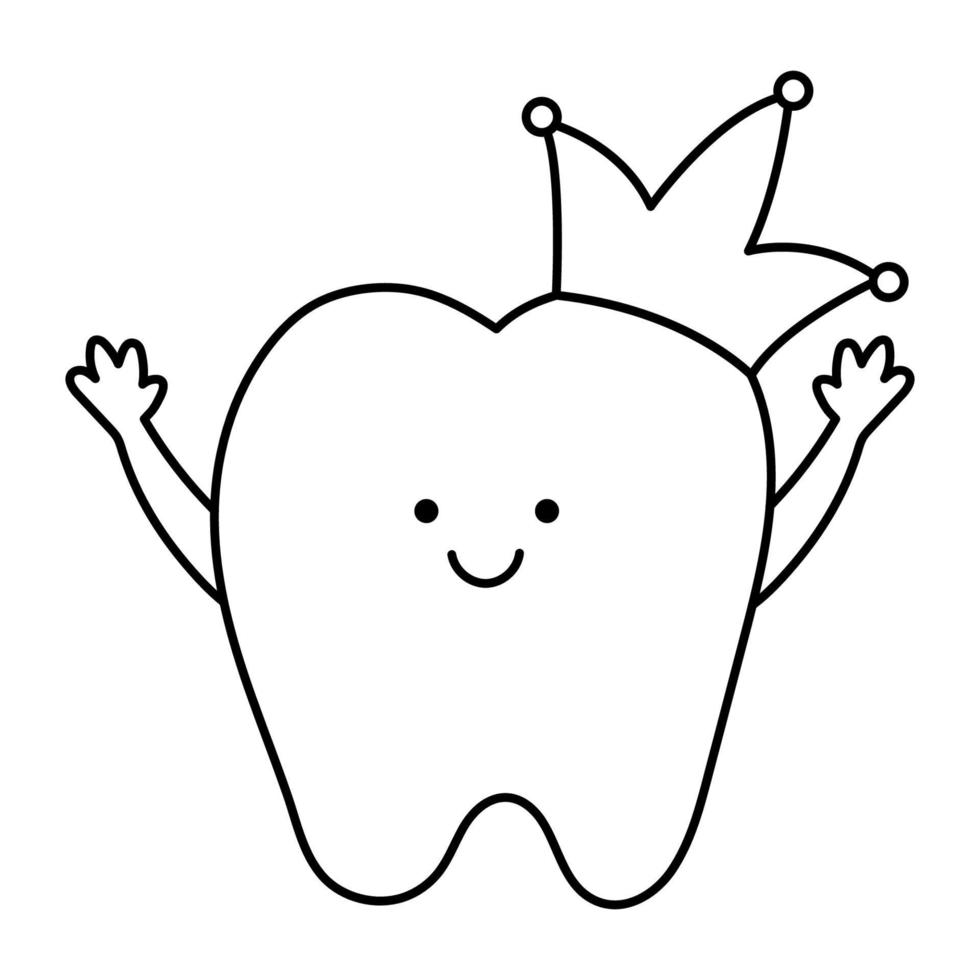 dente kawaii preto e branco com coroa e mãos para cima. ícone de linha de dentes de vetor. imagem engraçada de atendimento odontológico para crianças. dentista bebê clínica clipart ou página para colorir com conceito de higiene bucal vetor