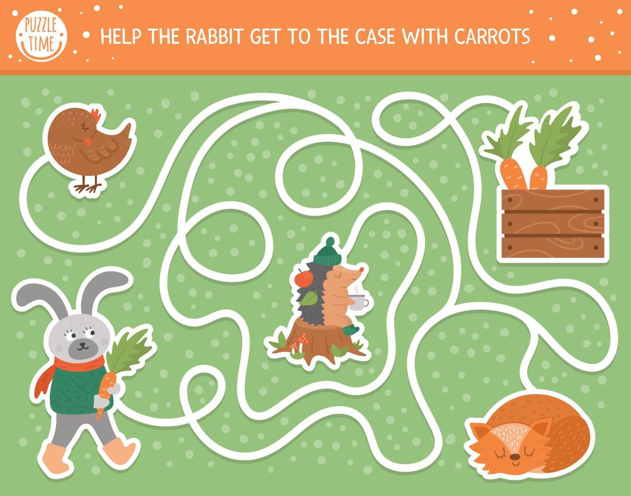 labirinto de outono para crianças. atividade educacional pré-escolar para impressão. quebra-cabeça engraçado outono com bonito animal da floresta. ajude o coelho a chegar ao caso com as cenouras. jogo da floresta para crianças. vetor