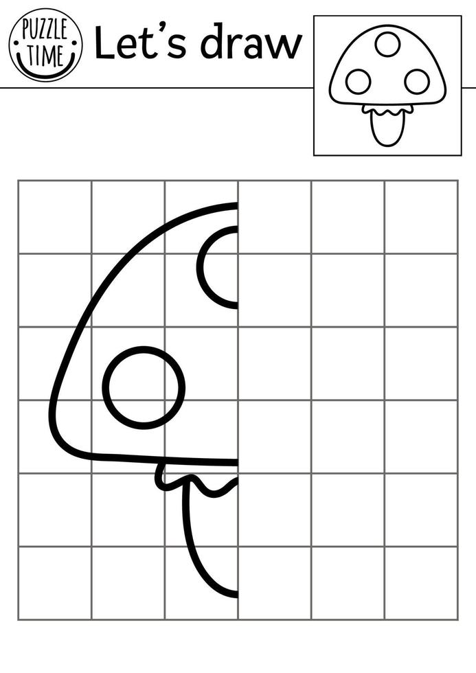 complete o cogumelo. planilha de prática de desenho de outono em vetor. atividade em preto e branco para impressão para crianças em idade pré-escolar. copie o jogo com o tema da queda ou da floresta para crianças vetor