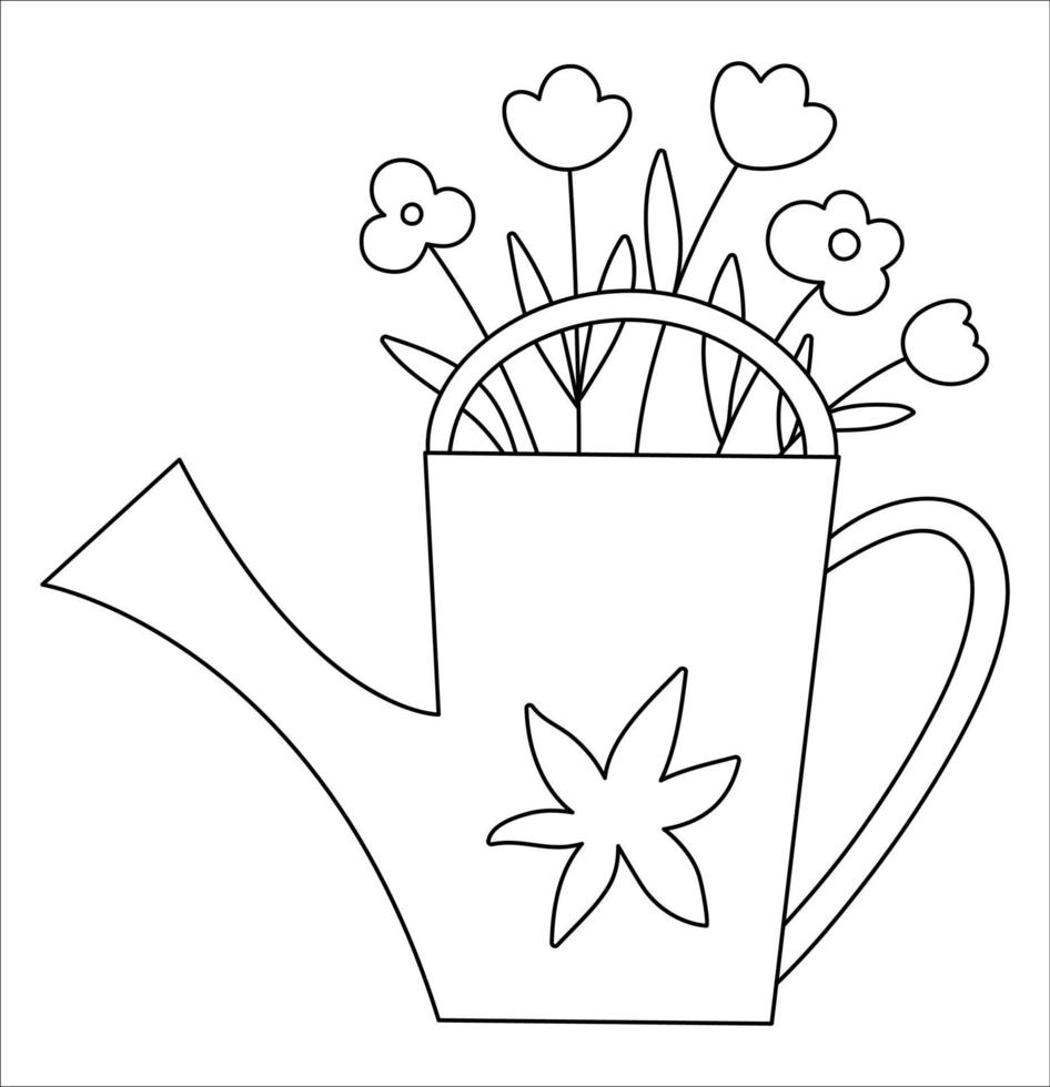 regador preto e branco do vetor com flores. esboço foto de primavera. alinhe o vaso com flores, ancinhos, ícone de plantas. conceito temático de jardinagem.