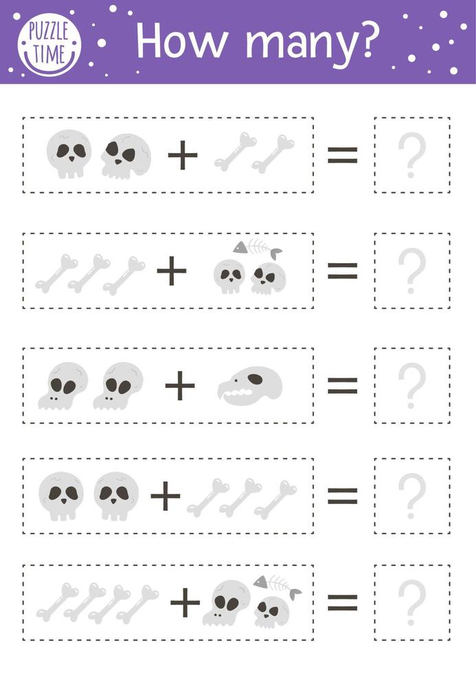 jogo de contagem de halloween com sculls e ossos. atividade de outono para crianças em idade pré-escolar. planilha de matemática educacional para impressão com elementos assustadores para crianças vetor