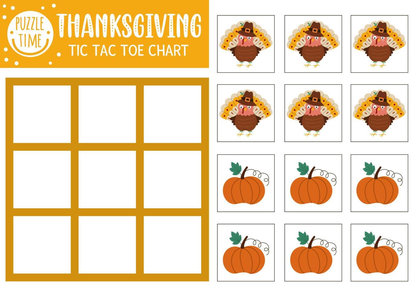 vetor gráfico tic tac toe de ação de Graças com peru fofo e abóbora. outono férias jogo de tabuleiro campo de jogo com pássaros. planilha para impressão de outono engraçado para crianças. grade de pontos e cruzes