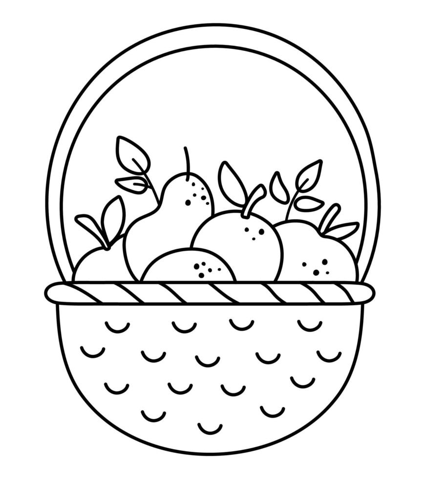 cesta de vetor preto e branco com maçãs, peras e folhas. Outono esboço jardim clipart. ilustração de fruta linha engraçada isolada no fundo branco. ícone de colheita de outono ou página para colorir