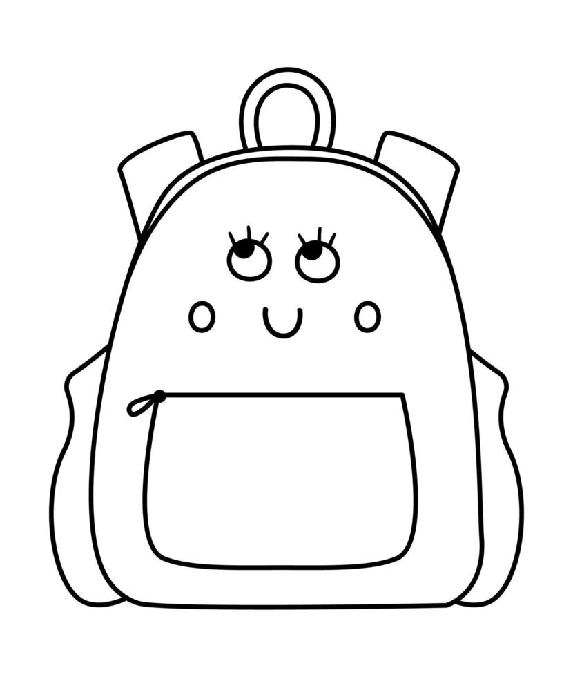 ilustração em vetor preto e branco mochila kawaii. esboço de volta ao clipart educacional da escola. estilo de contorno bonito mochila sorridente com os olhos. ícone de linha engraçada para crianças