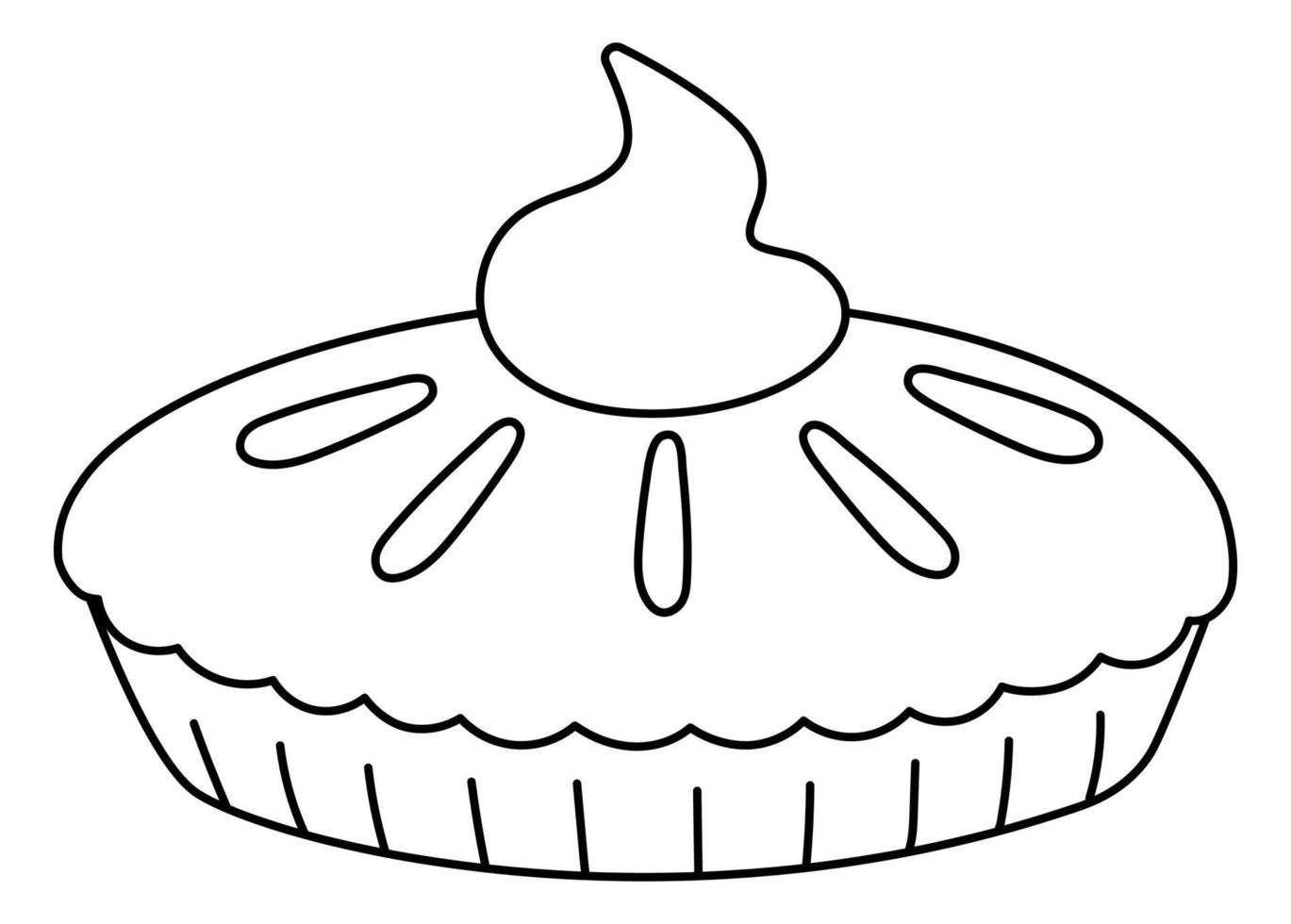 vetor tradicional preto e branco de ação de Graças a vista lateral de torta de abóbora. sobremesa de outono isolada no fundo branco. ilustração de linha engraçada bonita de refeição de férias de outono com creme.