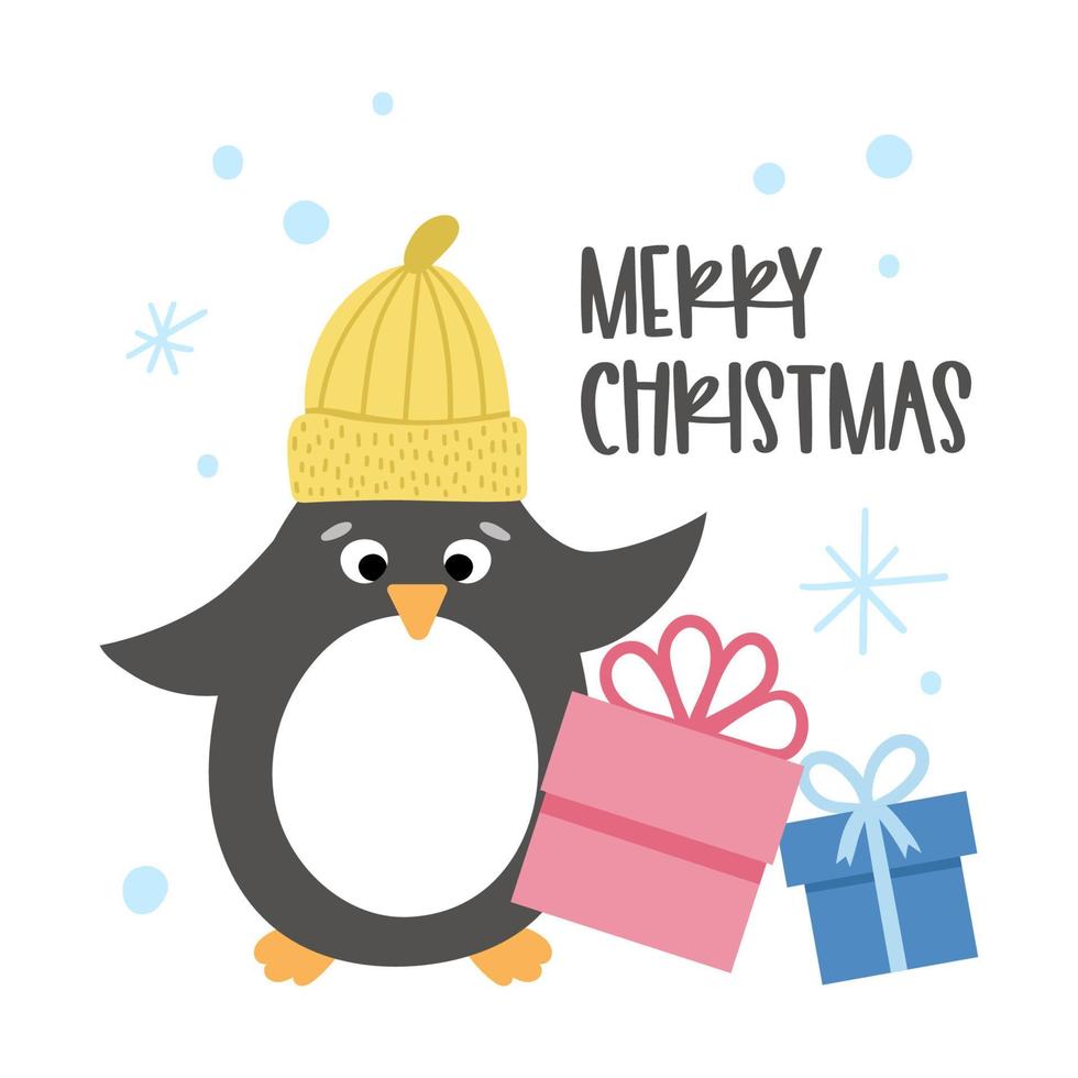 pinguim de vetor no chapéu com presentes e flocos de neve. ilustração de pássaro bonito de inverno. design de cartão de Natal engraçado. impressão de ano novo com personagem sorridente