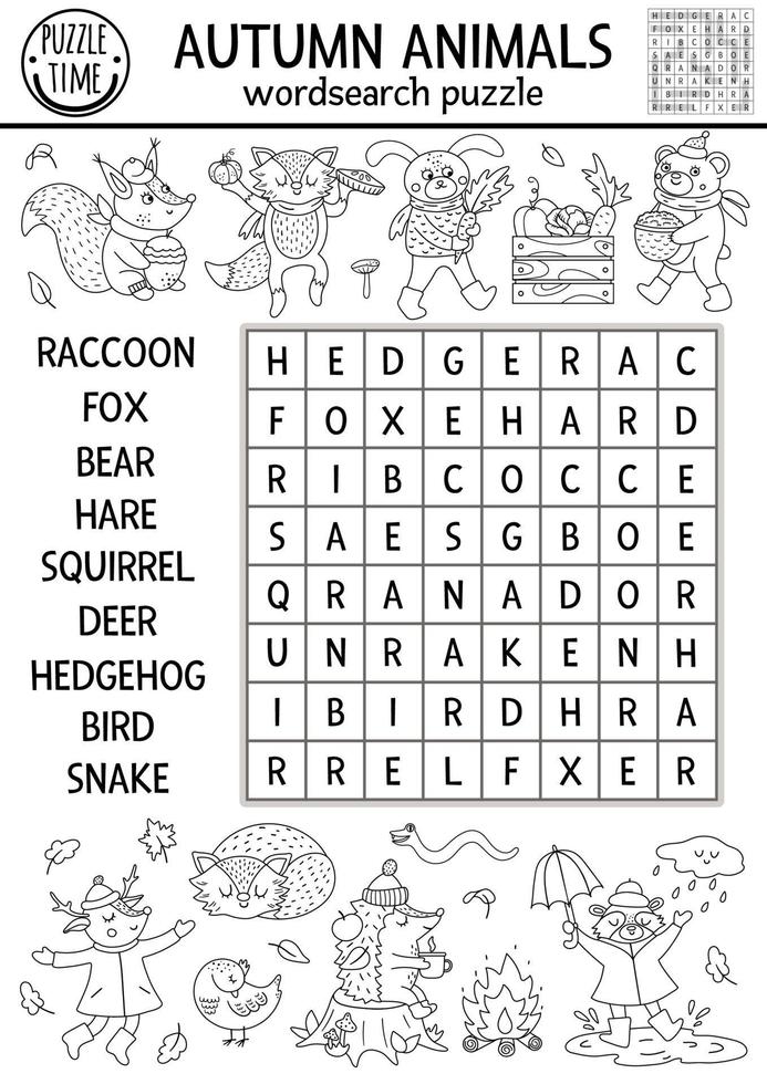 vetor preto e branco queda wordsearch puzzle para crianças. esboço simples de palavras cruzadas com animais da floresta de outono para crianças. linha de atividade educacional de palavras-chave com personagens fofinhos da floresta