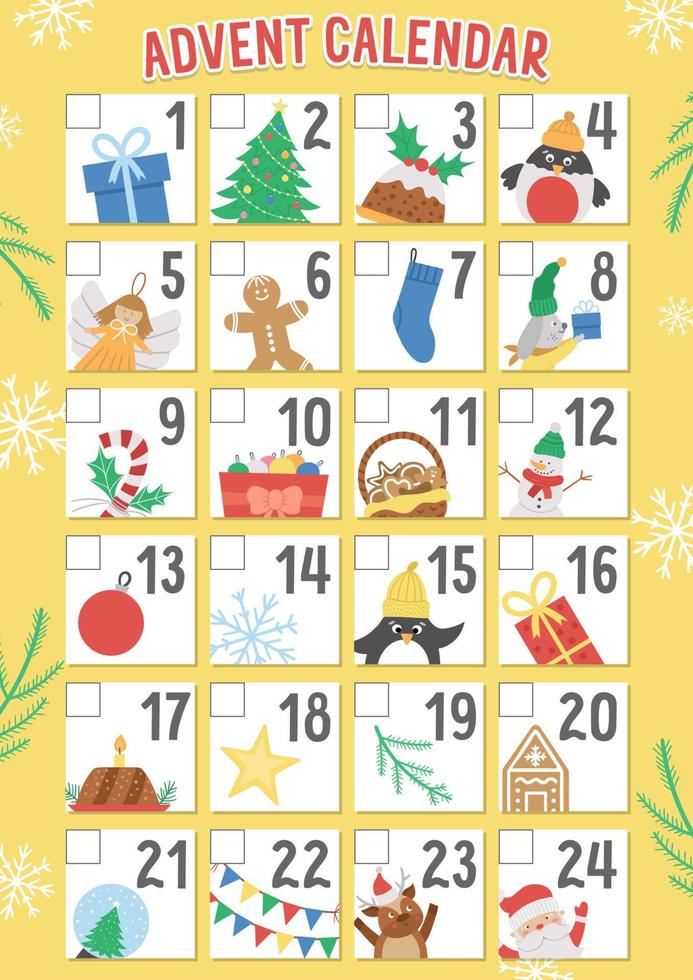 vetor calendário do advento do Natal com símbolos tradicionais do feriado. planejador de inverno bonito para crianças. design de cartaz festivo com o papai noel, árvore do abeto, veado, presente