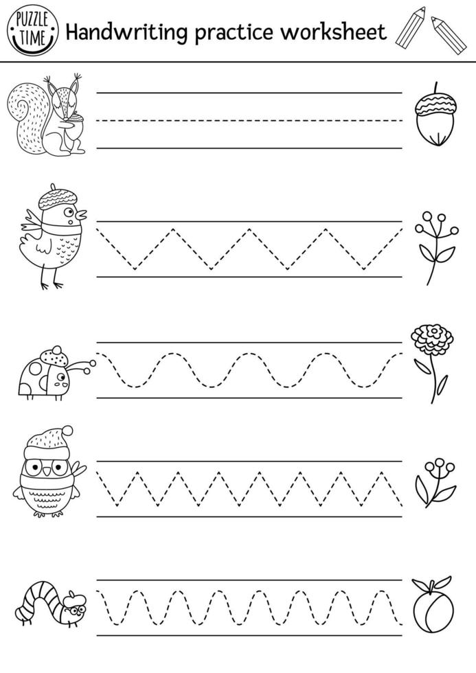 planilha de prática de caligrafia de ação de Graças de vetor. atividade para impressão em preto e branco de outono para crianças em idade pré-escolar. Jogo de rastreamento de queda para habilidades de escrita com animais fofos da floresta, pássaros e insetos vetor