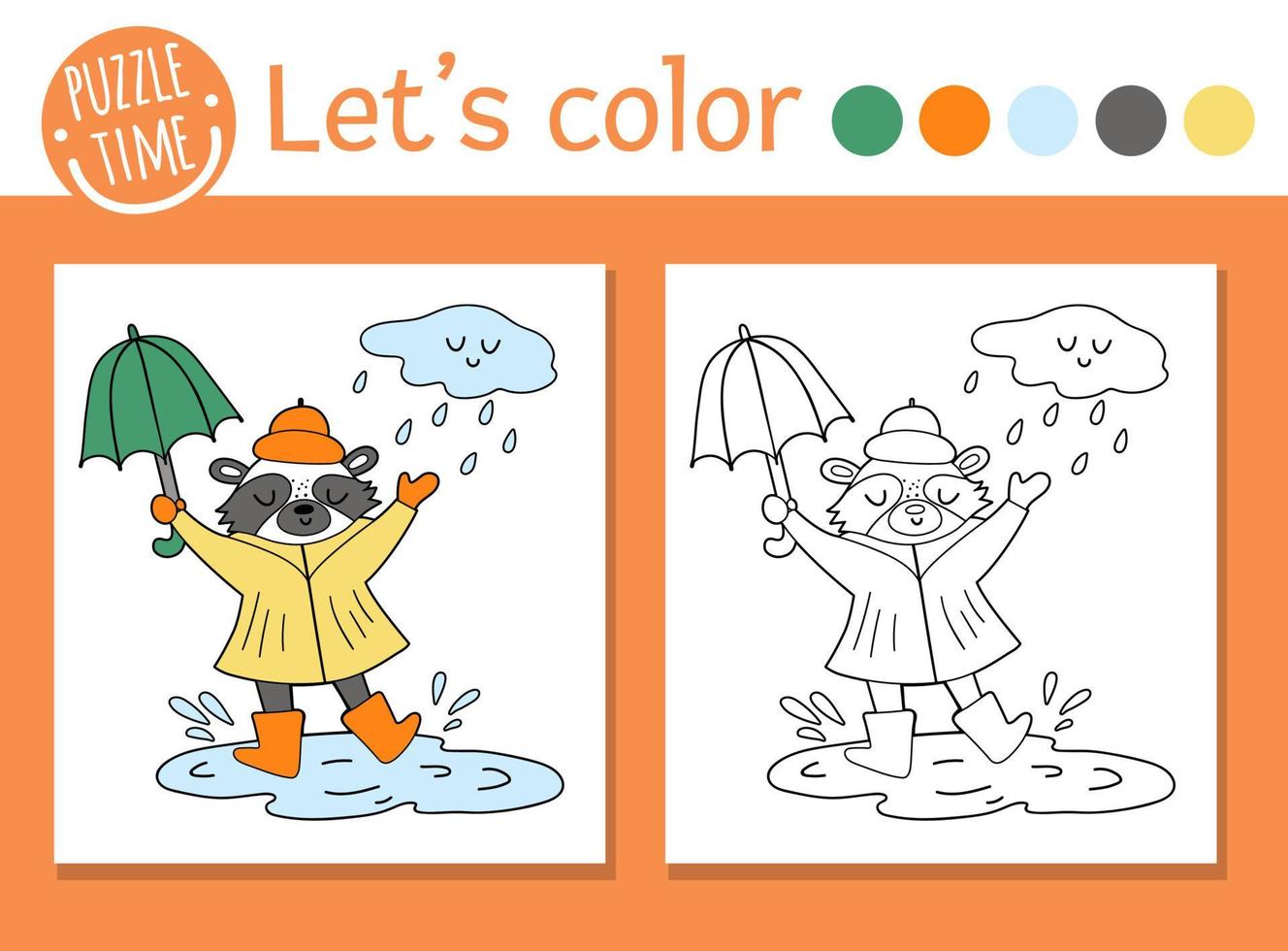 página para colorir de outono para crianças. guaxinim engraçado bonito com guarda-chuva sob a chuva. ilustração em vetor outono. livro de cores de animais da floresta para crianças com exemplos coloridos