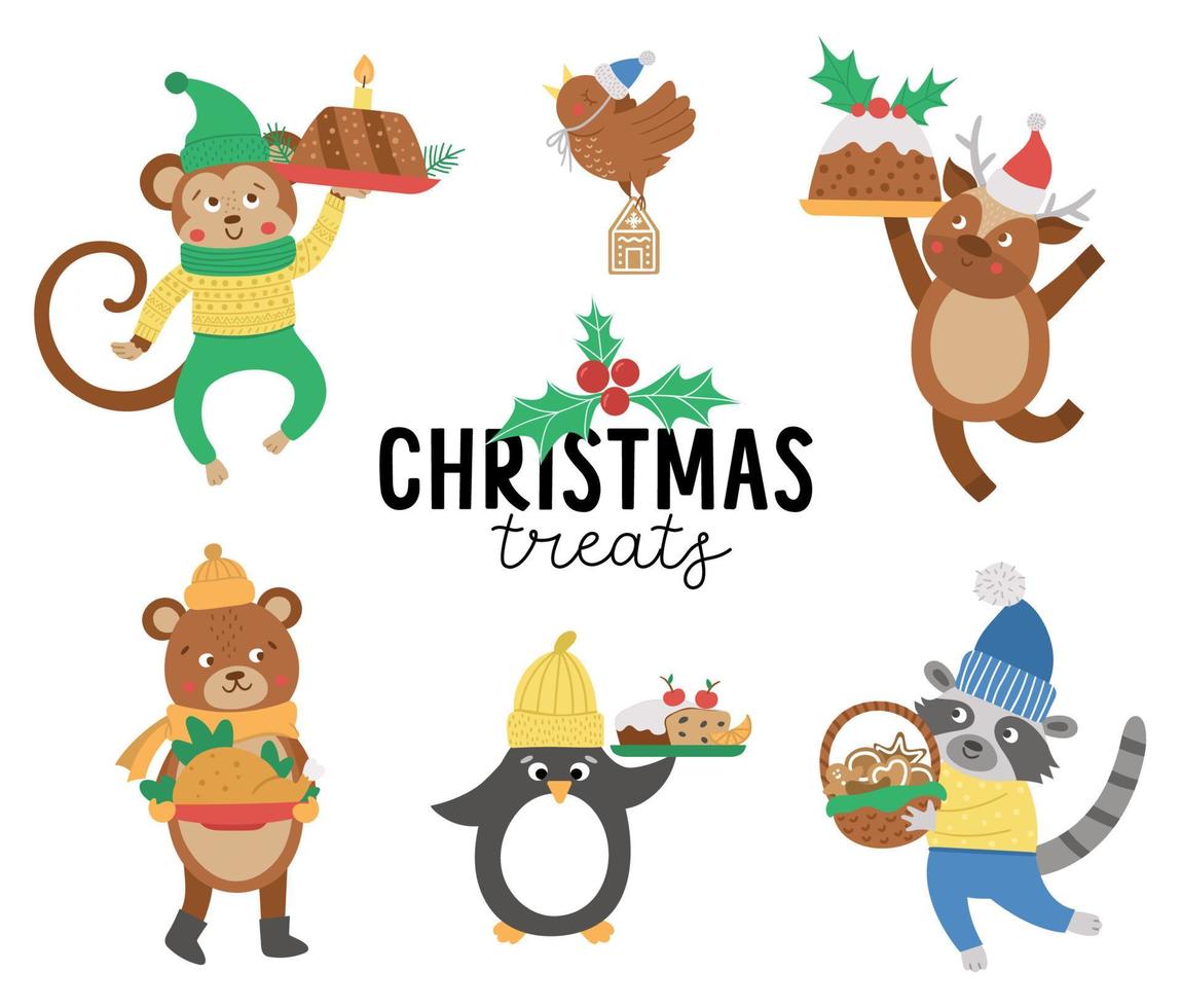 animais bonitos do vetor em chapéus, cachecóis e camisolas com pratos tradicionais de Natal. conjunto de inverno de personagens com comida. designs engraçados de cartão de Natal. impressão de ano novo