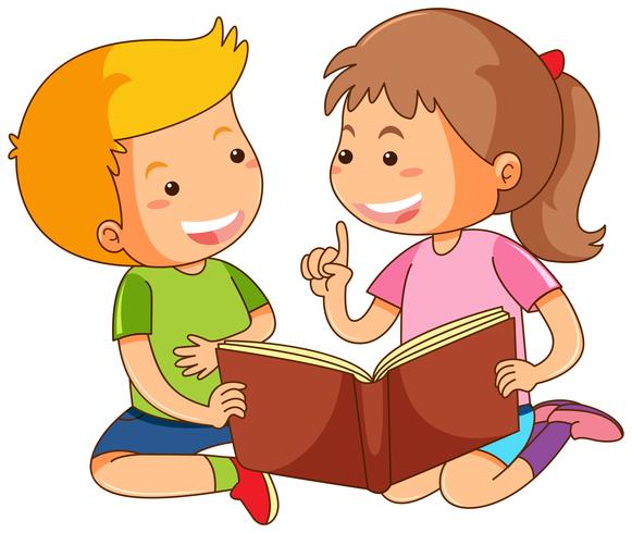 Menino e menina lendo livro de histórias vetor