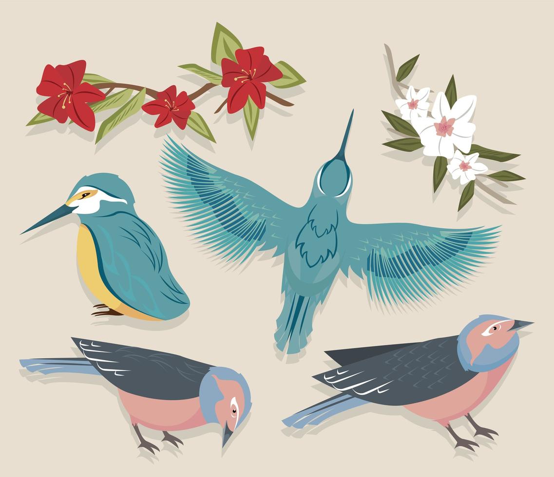 quatro pássaros e flores vetor