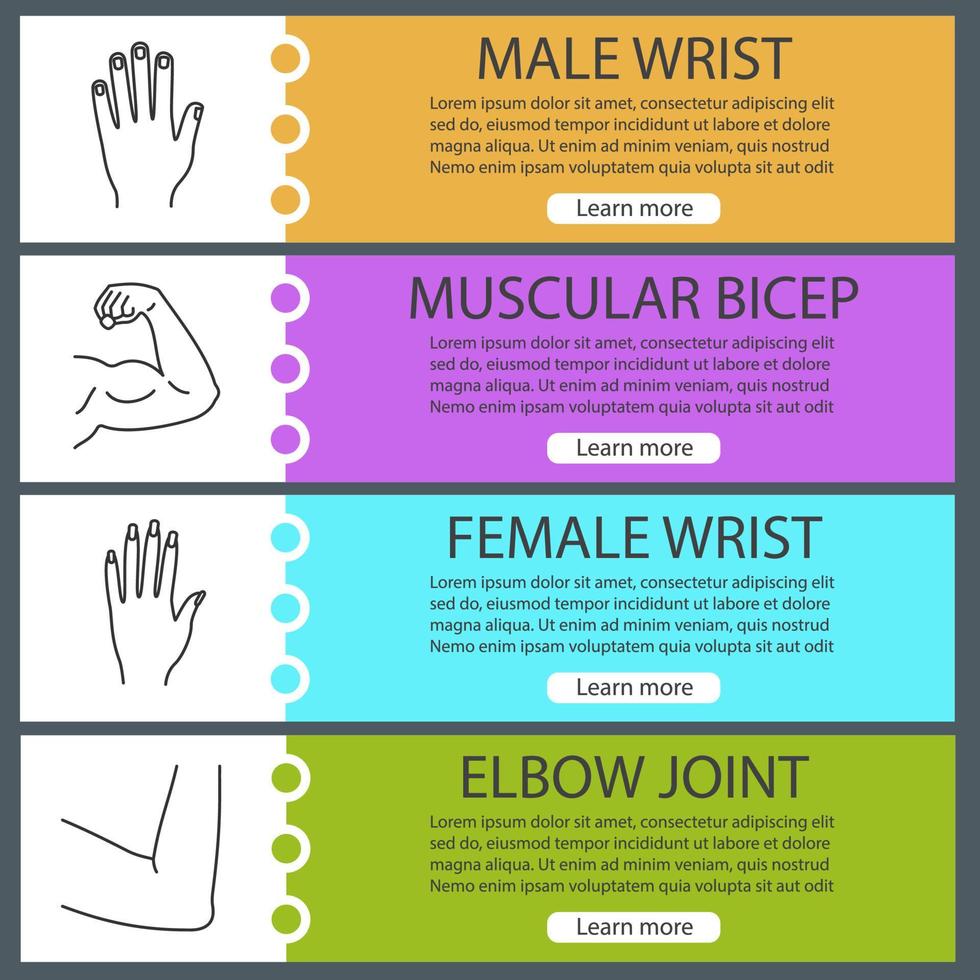 conjunto de modelos de banner da web de partes do corpo. mãos masculinas e femininas, bíceps musculares, articulação do cotovelo. itens de menu de cores do site com ícones lineares. conceitos de design de cabeçalhos de vetor