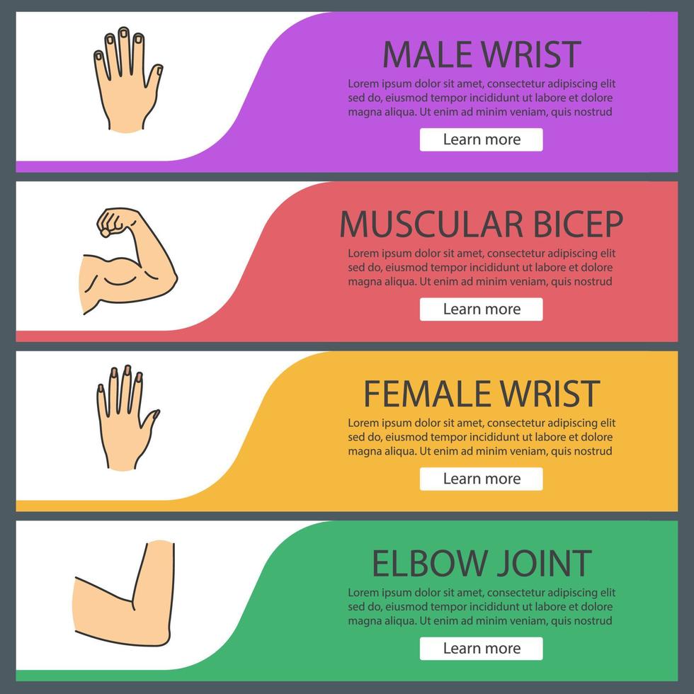 conjunto de modelos de banner da web de partes do corpo humano. mãos masculinas e femininas, bíceps musculares, articulação do cotovelo. itens de menu de cores do site. conceitos de design de cabeçalhos de vetor