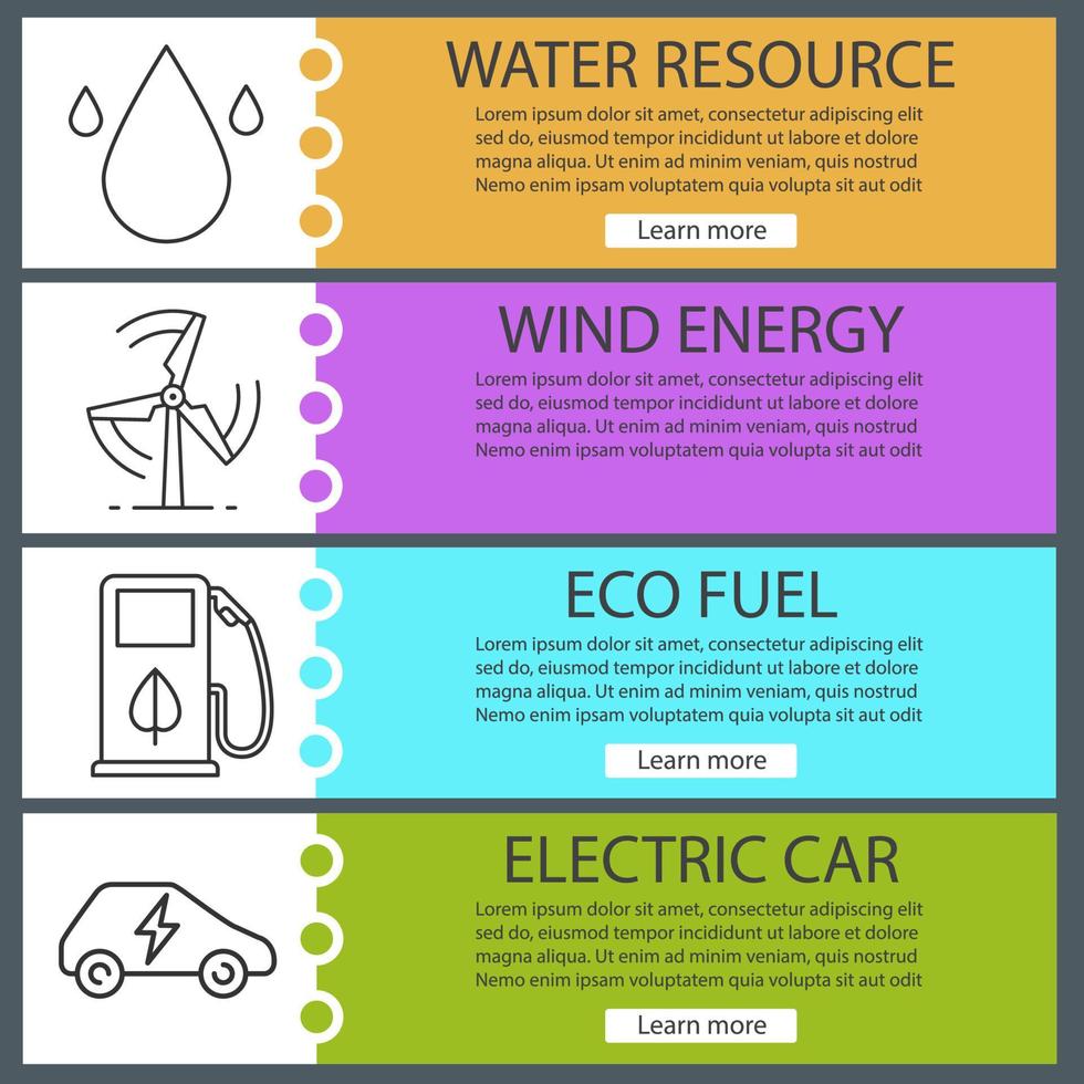 conjunto de modelos de banner de energia ecológica. recursos hídricos, eco energia e combustível, carro elétrico. itens de menu do site com ícones lineares. banner de cor da web. conceitos de design de cabeçalhos de vetor