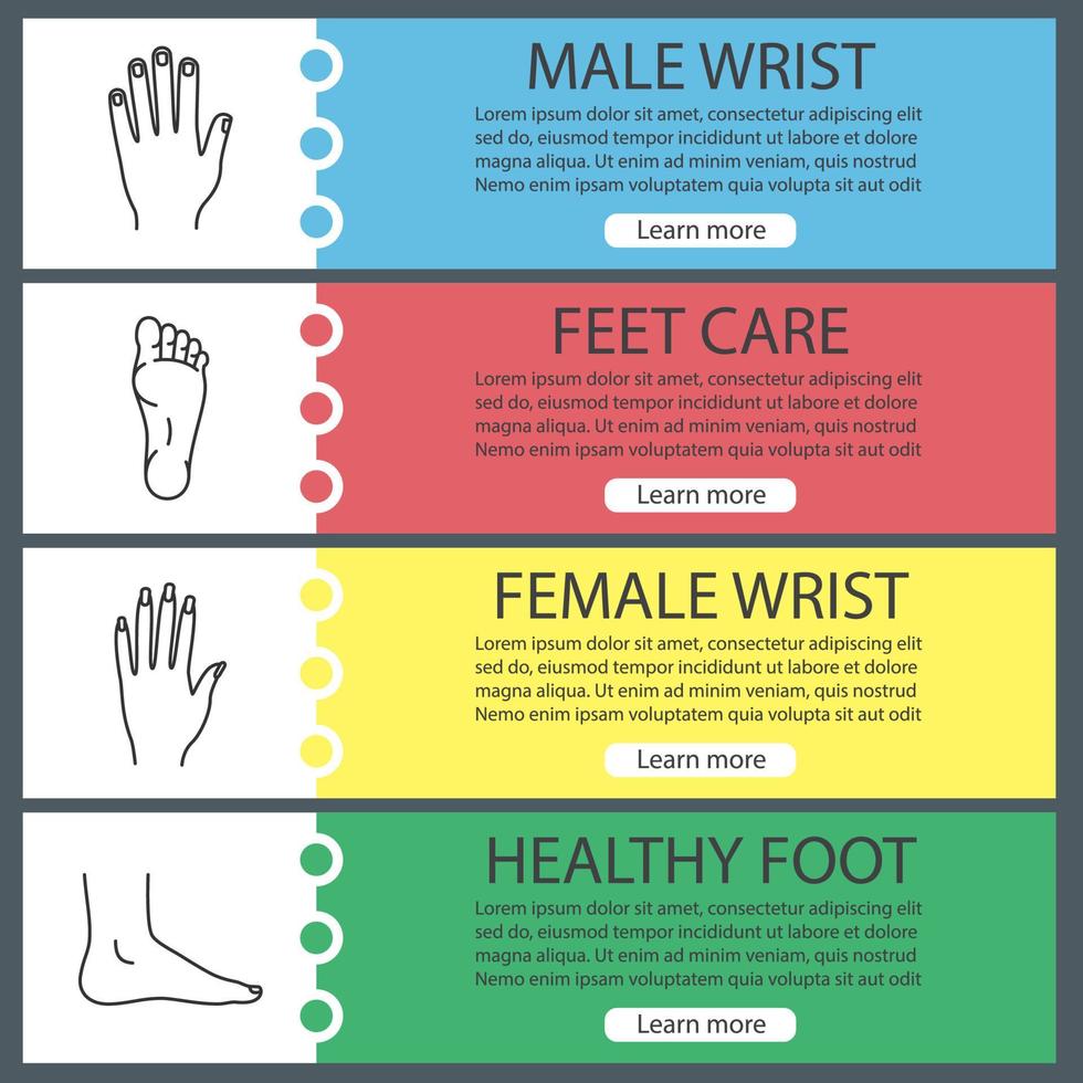 conjunto de modelos de banner da web de partes do corpo humano. mãos masculinas e femininas, pés. itens de menu de cores do site com ícones lineares. conceitos de design de cabeçalhos de vetor