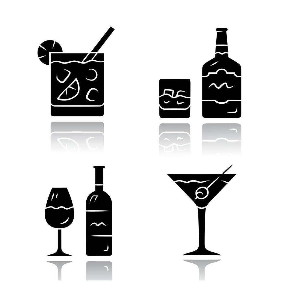 bebidas drop shadow black glyph icons set. coquetel em copo baixo, uísque, vinho, martini. bebidas alcoólicas para festa. refrigerantes e misturas. ilustrações vetoriais isoladas vetor