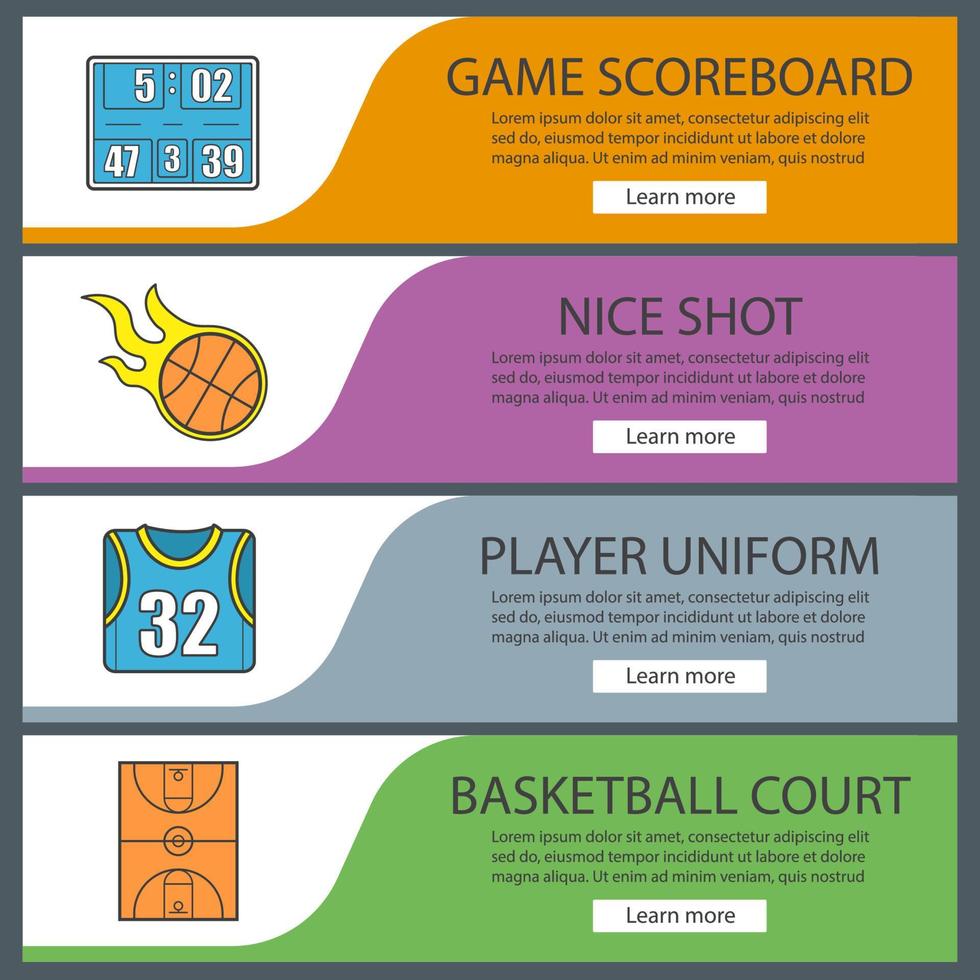 conjunto de modelos de banner de basquete. placar do jogo, uniforme do jogador, bola em chamas, quadra. itens de menu do site. banner de cor da web. conceitos de design de cabeçalhos de vetor