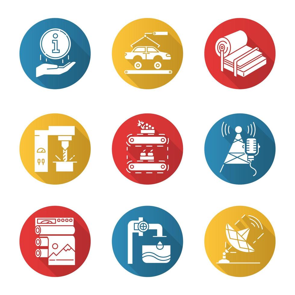 tipos de indústria design plano conjunto de ícones de glifo de sombra longa. em formação. produção de automóveis. polpa e papel. indústria do aço. abastecimento de frutas. transmissão. purificação da água. ilustração da silhueta do vetor