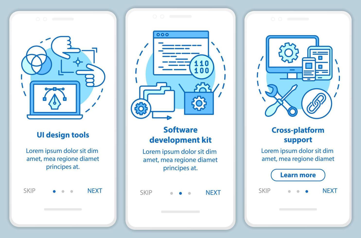 modelo de vetor de tela de página de aplicativo móvel de desenvolvimento de software. programação de aplicativos. passo a passo do site com ilustrações lineares. conceito de interface de smartphone ux, ui, gui